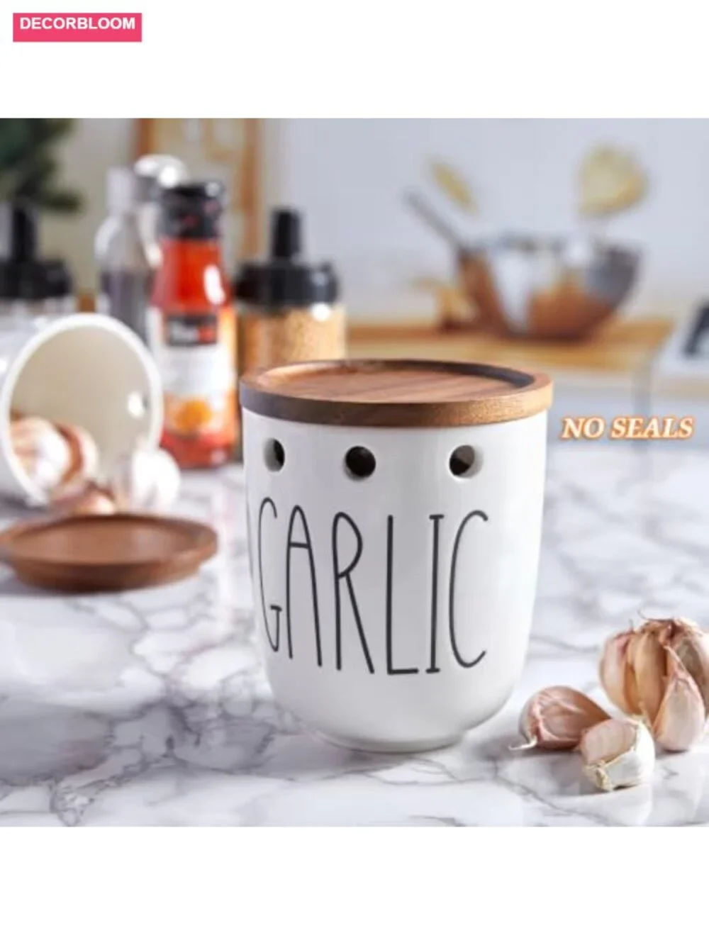 Ceramic Garlic Keeper with Acacia Wood Lid, Food Storage Jar